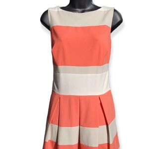LRL Ralph Lauren Womens A Line Dress Coral Beige Stripe Pleated Zip Size 8.